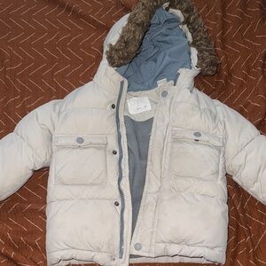 Zara Cream Puffer Jacket with Faux Fur Hood